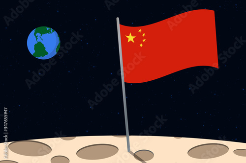 View of planet Earth from the surface of the Moon with the China flag and holes on the ground