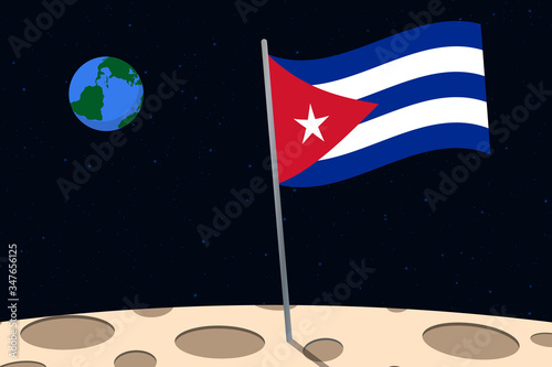 View of planet Earth from the surface of the Moon with the Cuba flag and holes on the ground