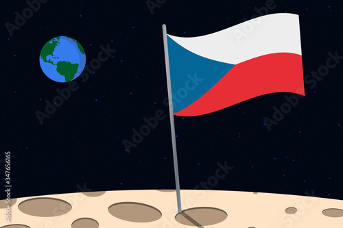 View of planet Earth from the surface of the Moon with the Czech Republic flag and holes on the ground