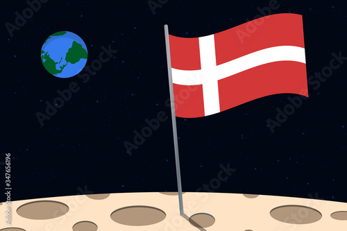 View of planet Earth from the surface of the Moon with the Denmark flag and holes on the ground