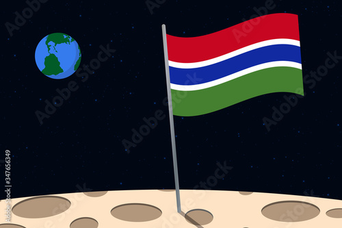 View of planet Earth from the surface of the Moon with the Gambia flag and holes on the ground