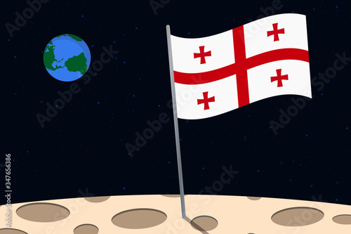 View of planet Earth from the surface of the Moon with the Georgia flag and holes on the ground