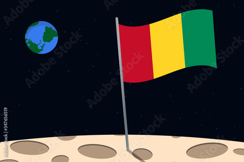 View of planet Earth from the surface of the Moon with the Guinea flag and holes on the ground