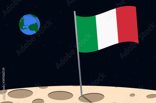 View of planet Earth from the surface of the Moon with the Italy flag and holes on the ground