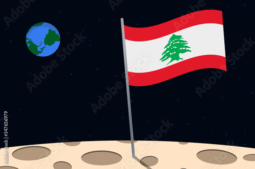 View of planet Earth from the surface of the Moon with the Lebanon flag and holes on the ground