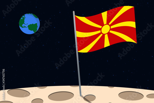View of planet Earth from the surface of the Moon with the Macedonia flag and holes on the ground