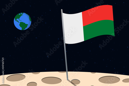 View of planet Earth from the surface of the Moon with the Madagascar flag and holes on the ground
