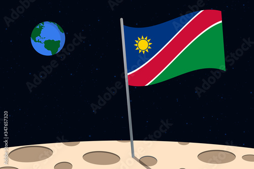 View of planet Earth from the surface of the Moon with the Namibia flag and holes on the ground