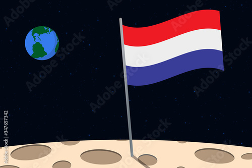 View of planet Earth from the surface of the Moon with the Netherlands flag and holes on the ground