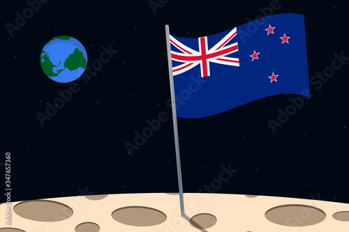 View of planet Earth from the surface of the Moon with the New Zealand flag and holes on the ground