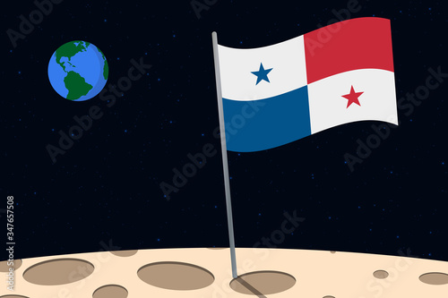 View of planet Earth from the surface of the Moon with the Panama flag and holes on the ground