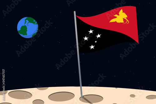 View of planet Earth from the surface of the Moon with the Papua New Guinea flag and holes on the ground
