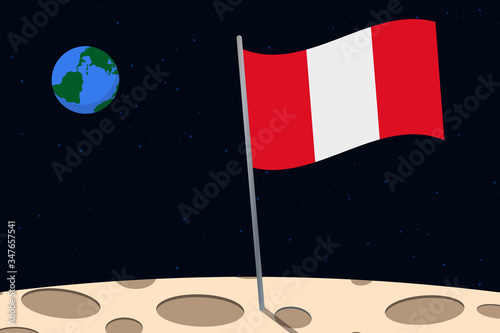 View of planet Earth from the surface of the Moon with the Peru flag and holes on the ground