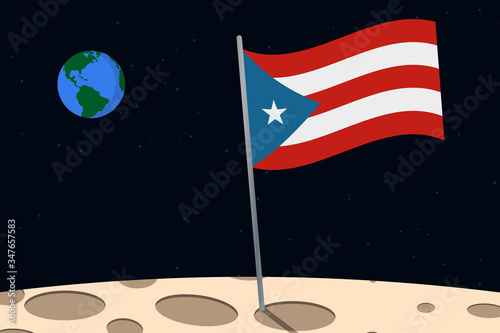 View of planet Earth from the surface of the Moon with the Puerto Rico flag and holes on the ground