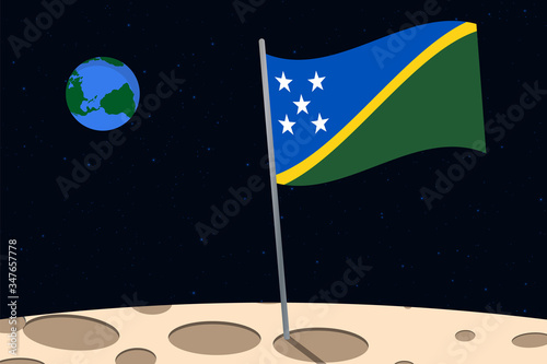 View of planet Earth from the surface of the Moon with the Solomon Islands flag and holes on the ground