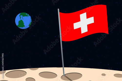 View of planet Earth from the surface of the Moon with the Switzerland flag and holes on the ground