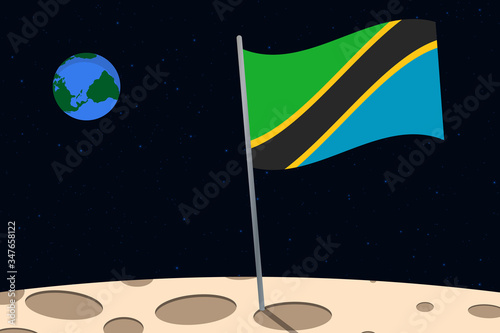 View of planet Earth from the surface of the Moon with the Tanzania flag and holes on the ground