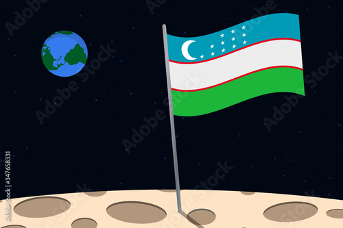 View of planet Earth from the surface of the Moon with the Uzbekistan flag and holes on the ground