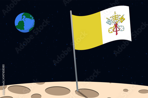 View of planet Earth from the surface of the Moon with the Vatican City flag and holes on the ground