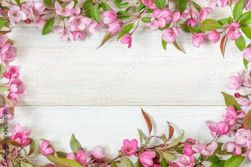 Pink flowers of a decorative apple tree on a light wooden table. Flower frame. Image for the design of congratulations, calendar on the theme of spring