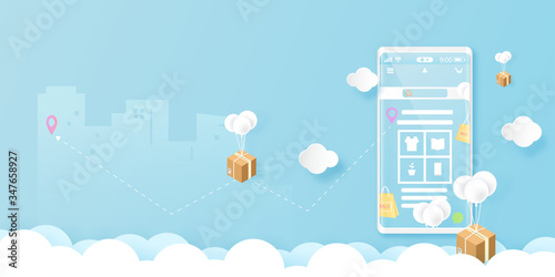 Smart phone with online shopping and delivery service concept on mobile application landing page template background.Vector illustration.