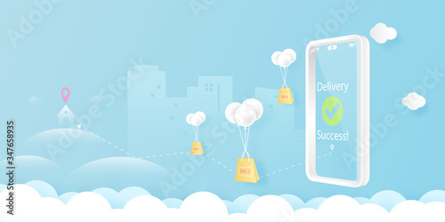 Smart phone with online shopping and delivery service concept template background.Paper art Vector illustration.