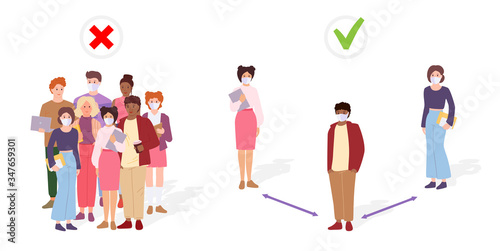 People keep social distance. Student keeping distance, infection risk. Protective medical mask prevent coronovirus. Different nations representatives with gadgets. Vector illustration
