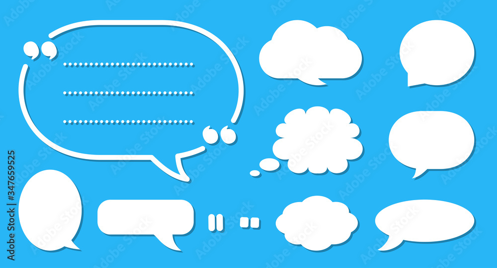 Comic speech bubble set. Cartoon empty text box clouds on blue sky background. Abstract icon different shapes flat blank bubbles. Comics message balloon template. Isolated vector illustration Comic speech bubble set. Cartoon empty text box clouds on blue sky background. Abstract icon different shapes flat blank bubbles. Comics message balloon template. Isolated vector illustration