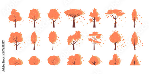 Autumn fall tree, bush, flat cartoon icon set. Creative different shape simple orange forest garden trees, symbol. Season yellow falling leaf plant of park sign. Isolated on white vector illustration