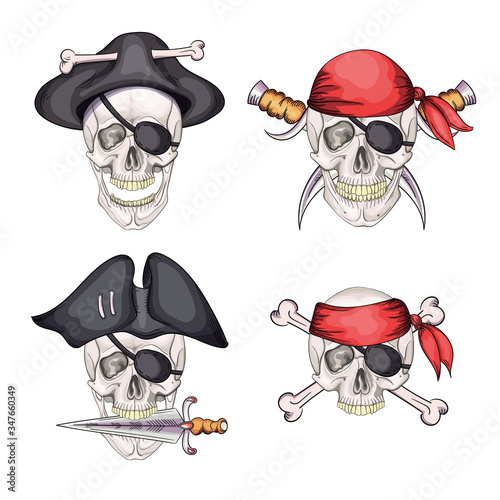 Skull and sabers. Pirate emblem. cartoon icon set