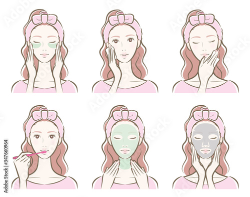 スキンケアをしている女性のイラスト