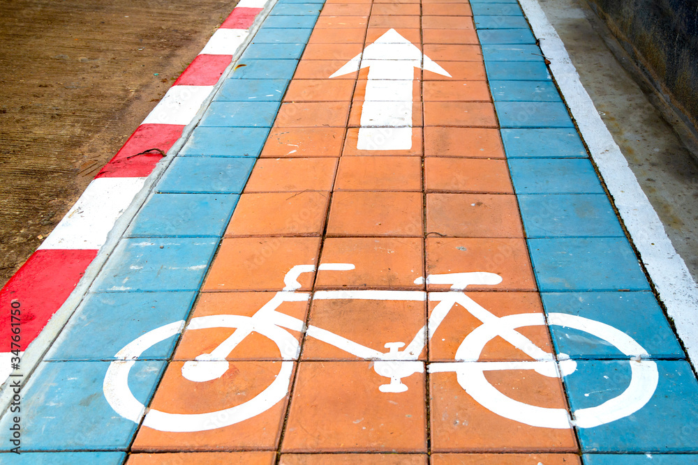 White bicycle signs with arrows on  pavement
