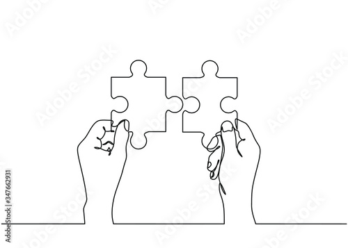 Continuous line drawing of hands solving Two Puzzle Pieces. Concept of business teamwork and integration with puzzle. Teamwork and partnership concept of two businessman isolated on white background.