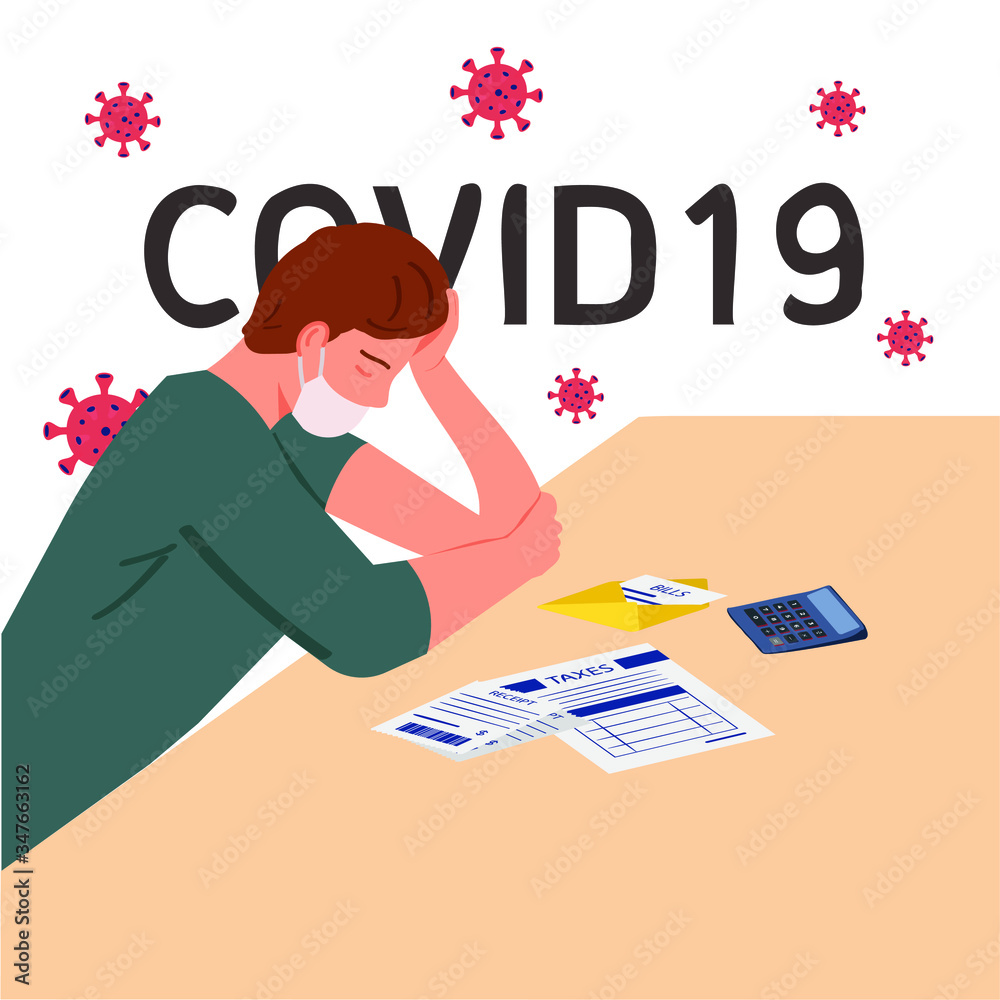 sad guy sitting at the table over receipts against the background of the virus sad guy sitting at the table over receipts against the background of the virus