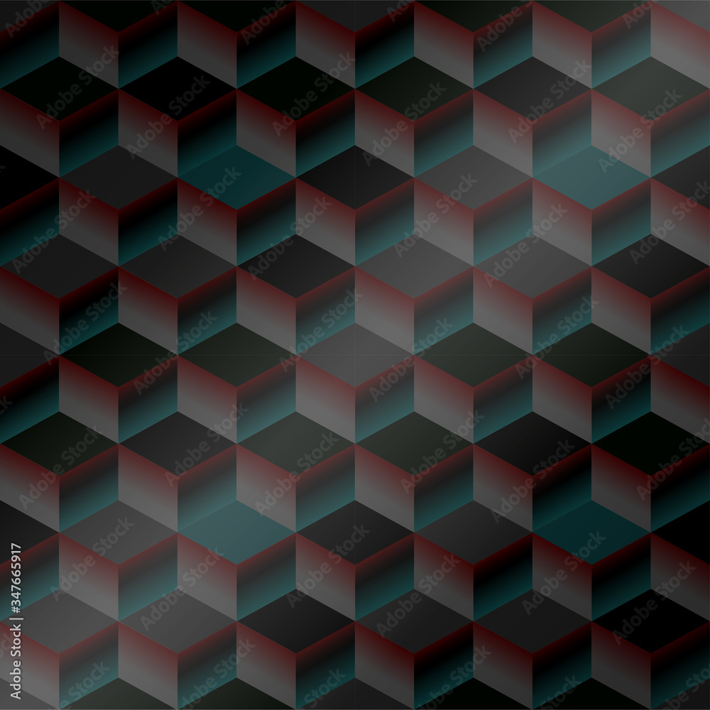 Black abstract texture with green and burgundy gradient. Volumetric cube background illustration vector. For cover, book, website design, poster, flyer, advertisement. Black abstract texture with green and burgundy gradient. Volumetric cube background illustration vector. For cover, book, website design, poster, flyer, advertisement.