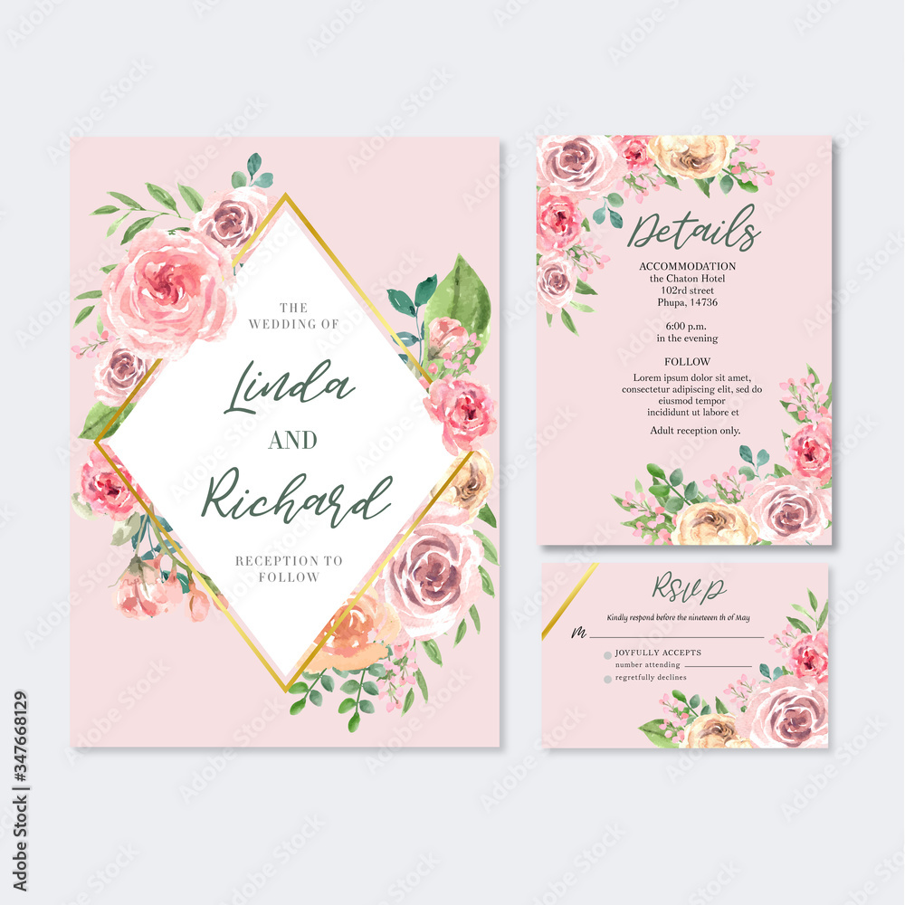 Happy Wedding card floral garden invitation card marriage, rsvp detail. space layout vintage ornament beautiful ,  watercolor vector illustration template collection design