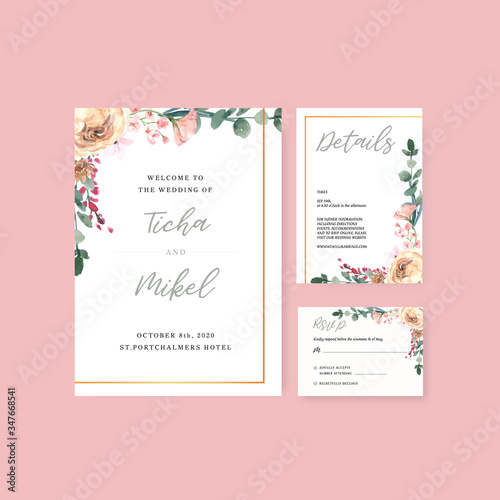 Happy Wedding card floral garden invitation card marriage, rsvp detail. space layout vintage ornament beautiful ,  watercolor vector illustration template collection design