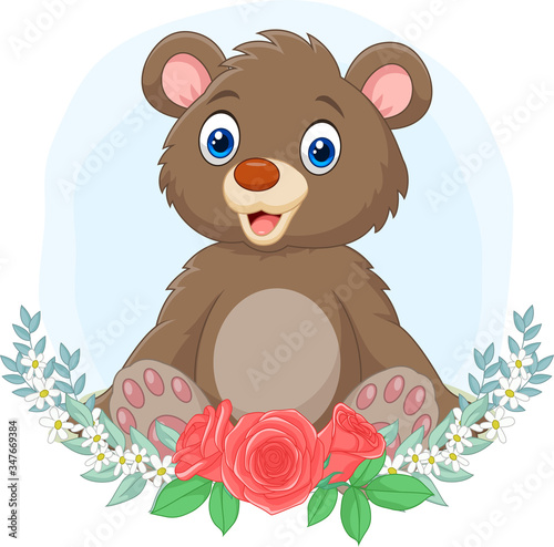 Cartoon baby bear sitting with flowers background