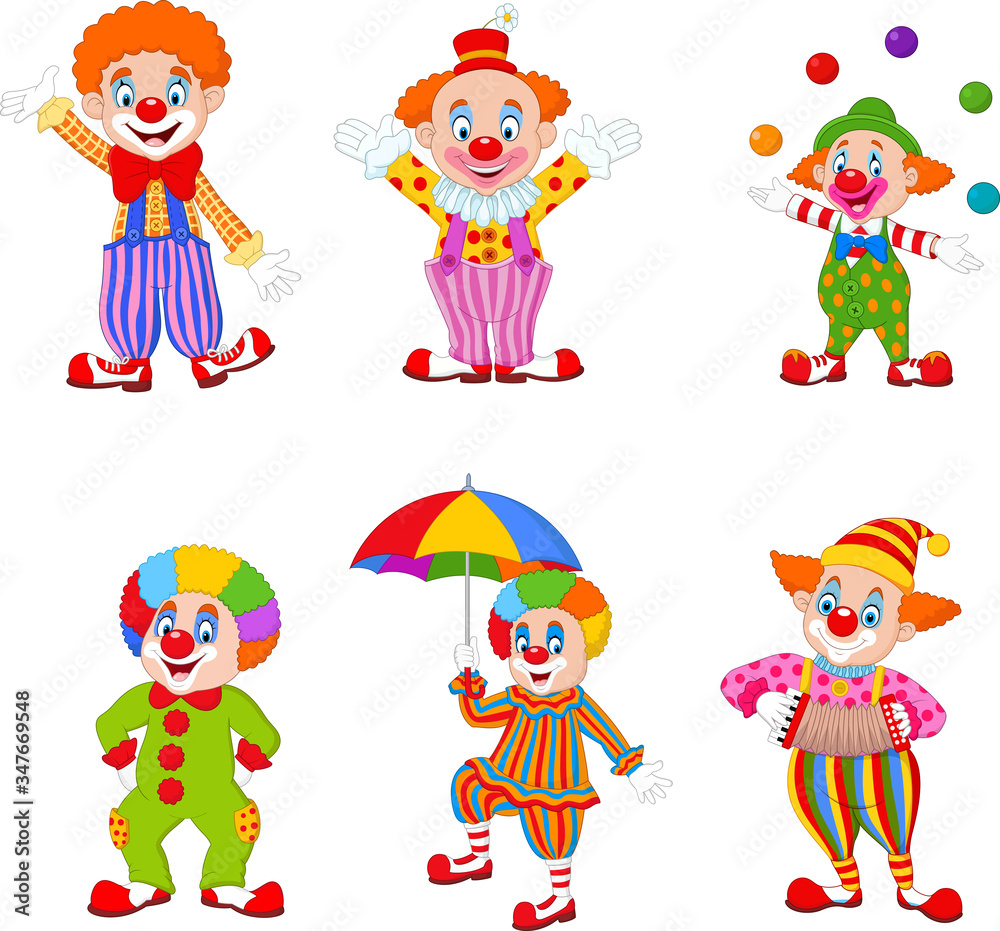 Set of cartoon happy clowns in different actions Set of cartoon happy clowns in different actions