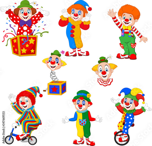 Set of cartoon happy clowns in different poses