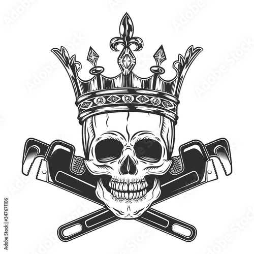 Vintage monochrome skull king with crown builder from new construction with crossed wrenches plumbing and gas pipes isolated vector illustration