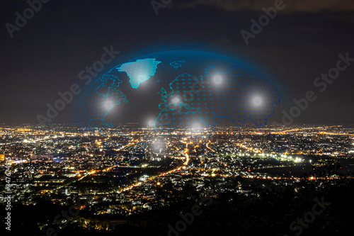 information technology and business communication worldwide, City network concept, double exposure banner background