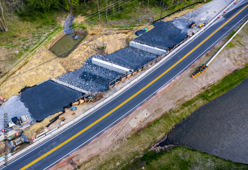 Aerial view of road construction works expanding a highway from 2 to 4 lanes in Maryland United States