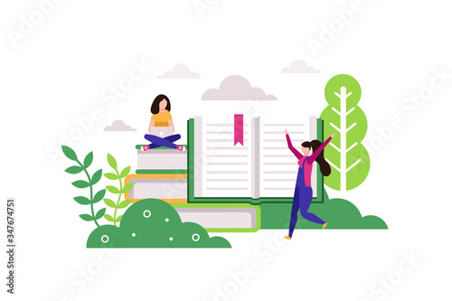 Distance education. Young woman working with laptop while sitting on stack of giant books. Student studying outdoors vector illustration in flat style. Modern online education and professional courses