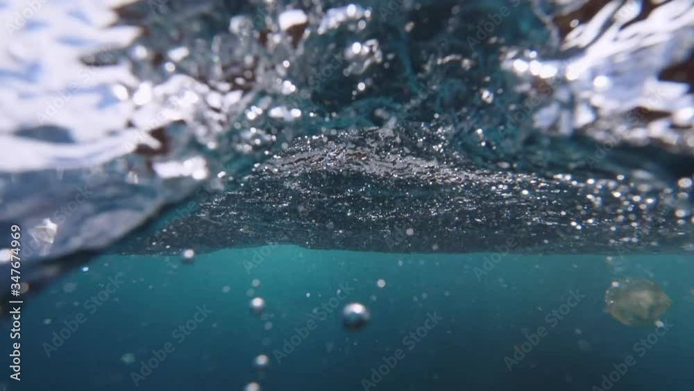 Jellyfish swimming in sea against cliff, waves splashing in ocean - Azores, Portugal
