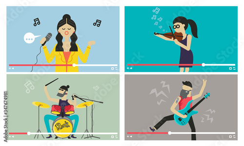 Musicians people. Videostream of music festival and entertainment event vector illustration. Girl sings with microphone, musicians play violin, drum and electro guitar. Videocasts set with musicians.