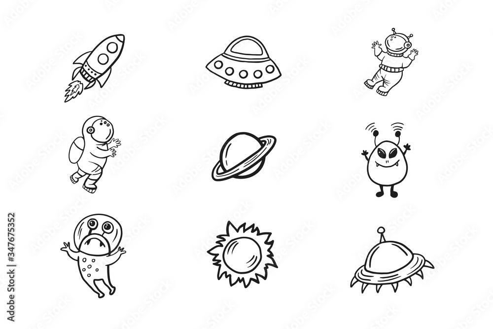 Set of space illustrations. Space icons. Vector doodle in doodle style. Astronauts, aliens, stars, planets, rockets, aliens, flying saucer