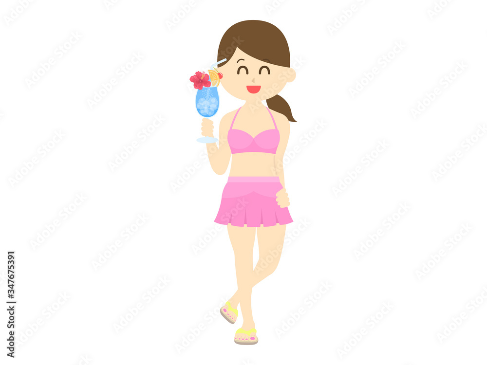 ドリンクを持った水着女性のイラスト ドリンクを持った水着女性のイラスト