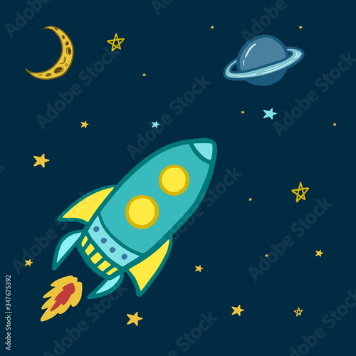 Space. Vector color illustration of space with planet and rocket. Cartoon style drawing