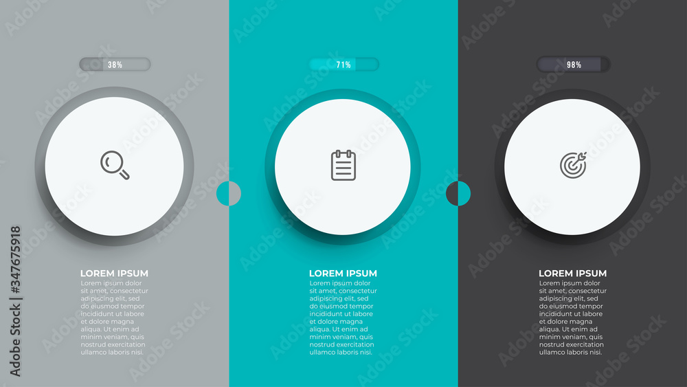 Naklejka premium Rectangular elements for business process steps. Timeline with 3 options, circle. Vector illustration.